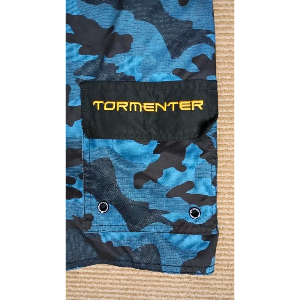 TORMENTER Mens Size 32 Blue Black Camo Embroidered Fishbone Board Shorts Beach
